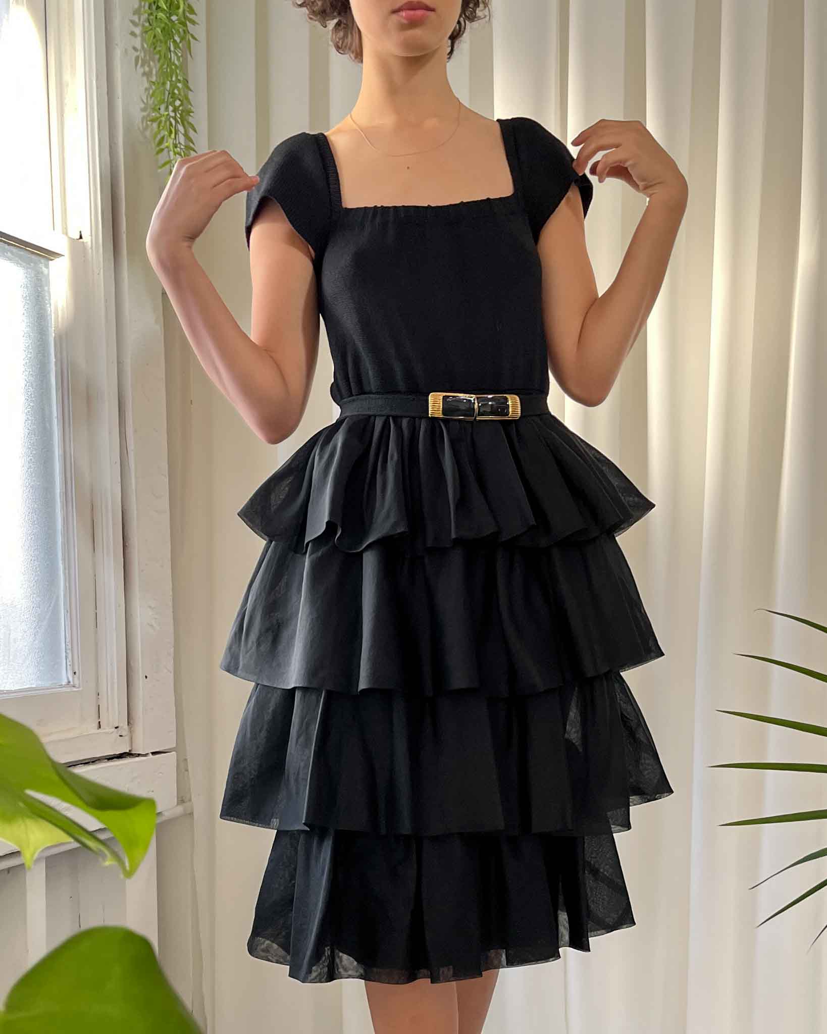 90s St John Knit Ruffle Dress XS-S Lucky Vintage