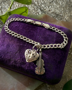 90s Sterling Violin & Heart Charm Bracelet