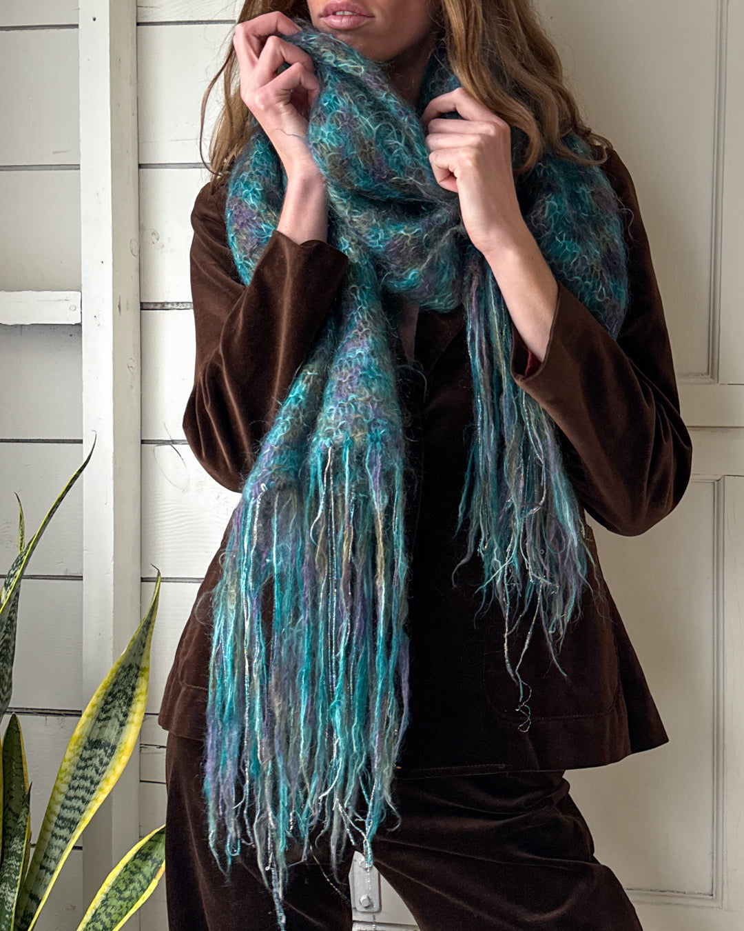 Teal Crochet Mohair Lurex Scarf