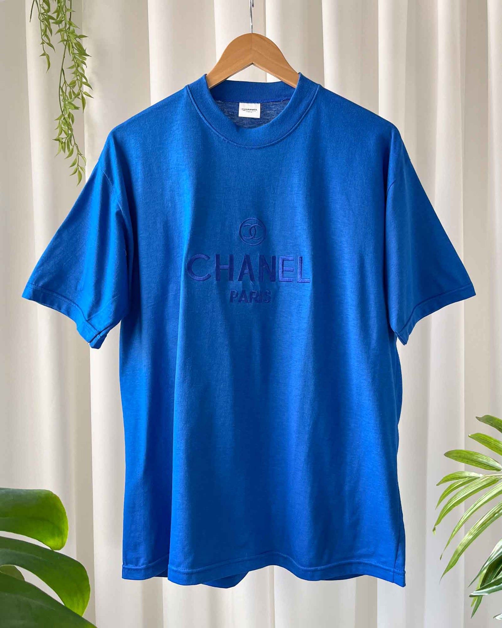90s "Chanel" Embroidered Logo T-Shirt | L