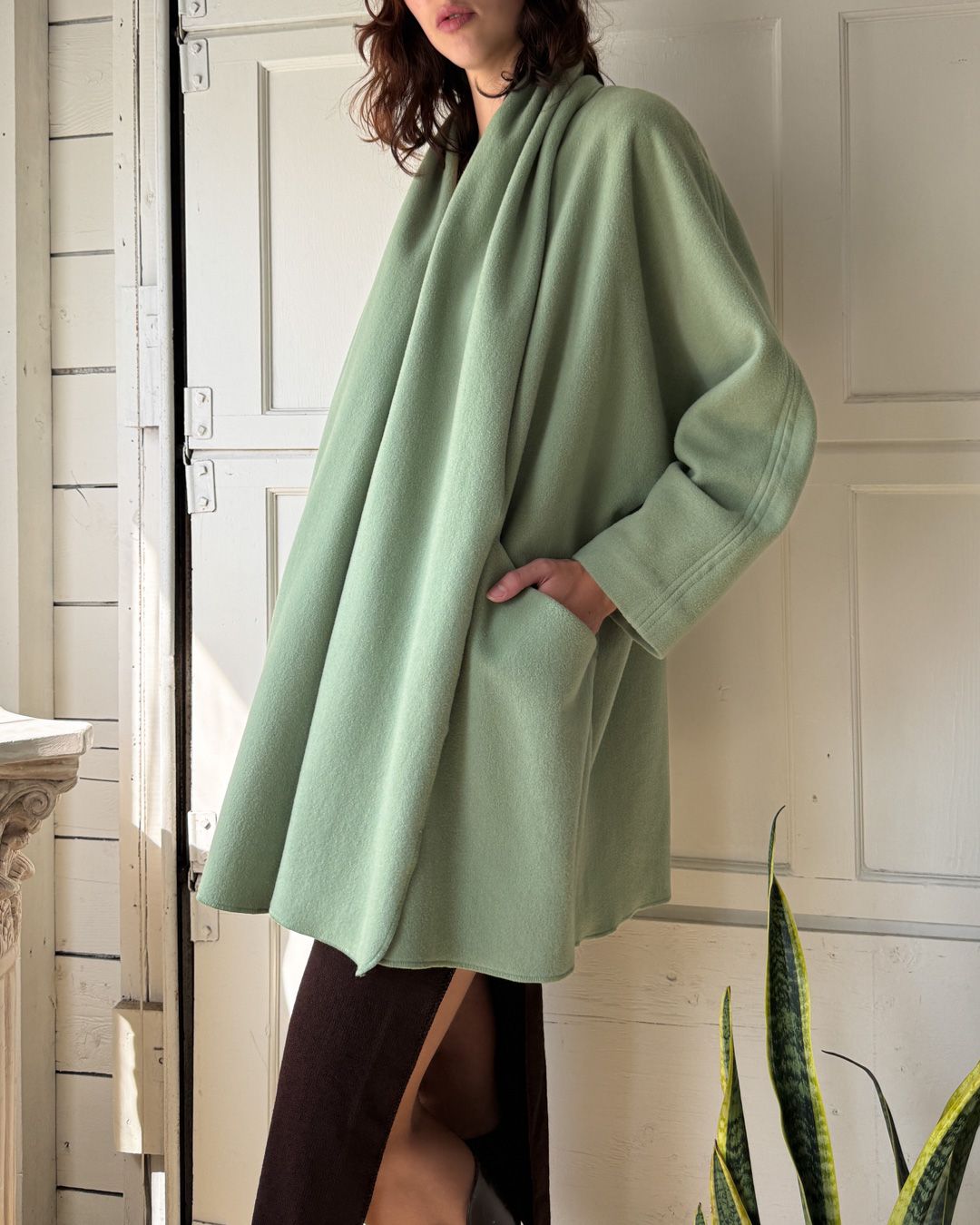 80s Sage Wool Scarf Coat | M-L