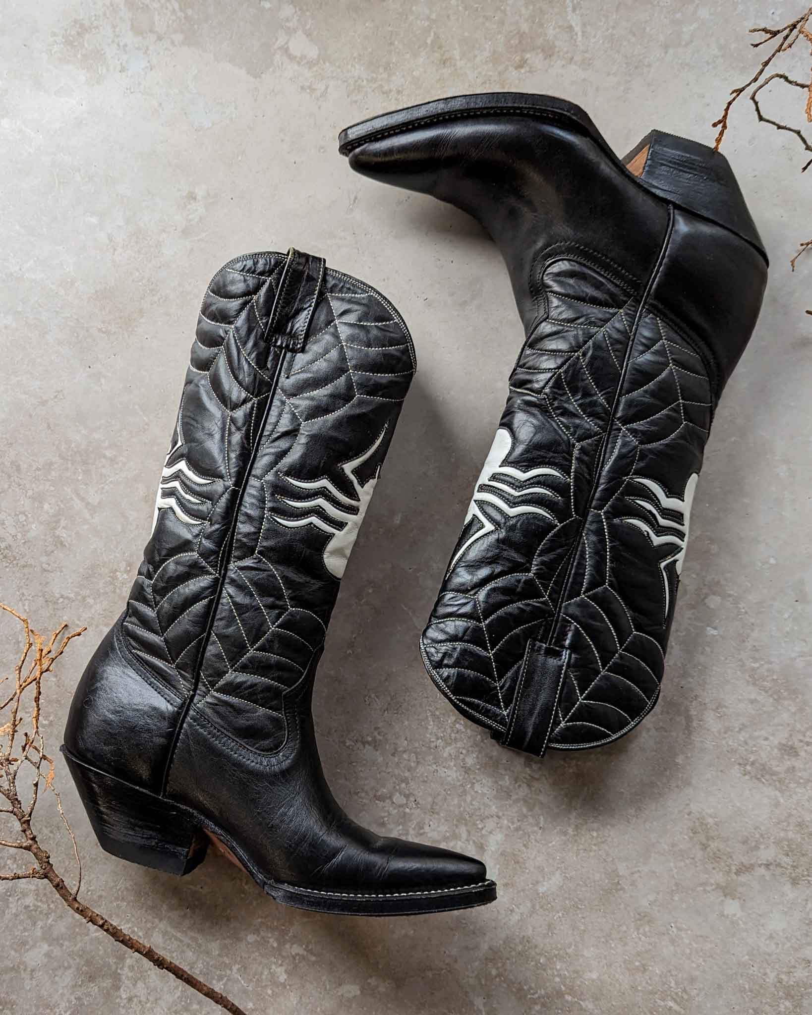 Vintage Leather Black Cowboy Boots Great Low Shaft / Ranch 