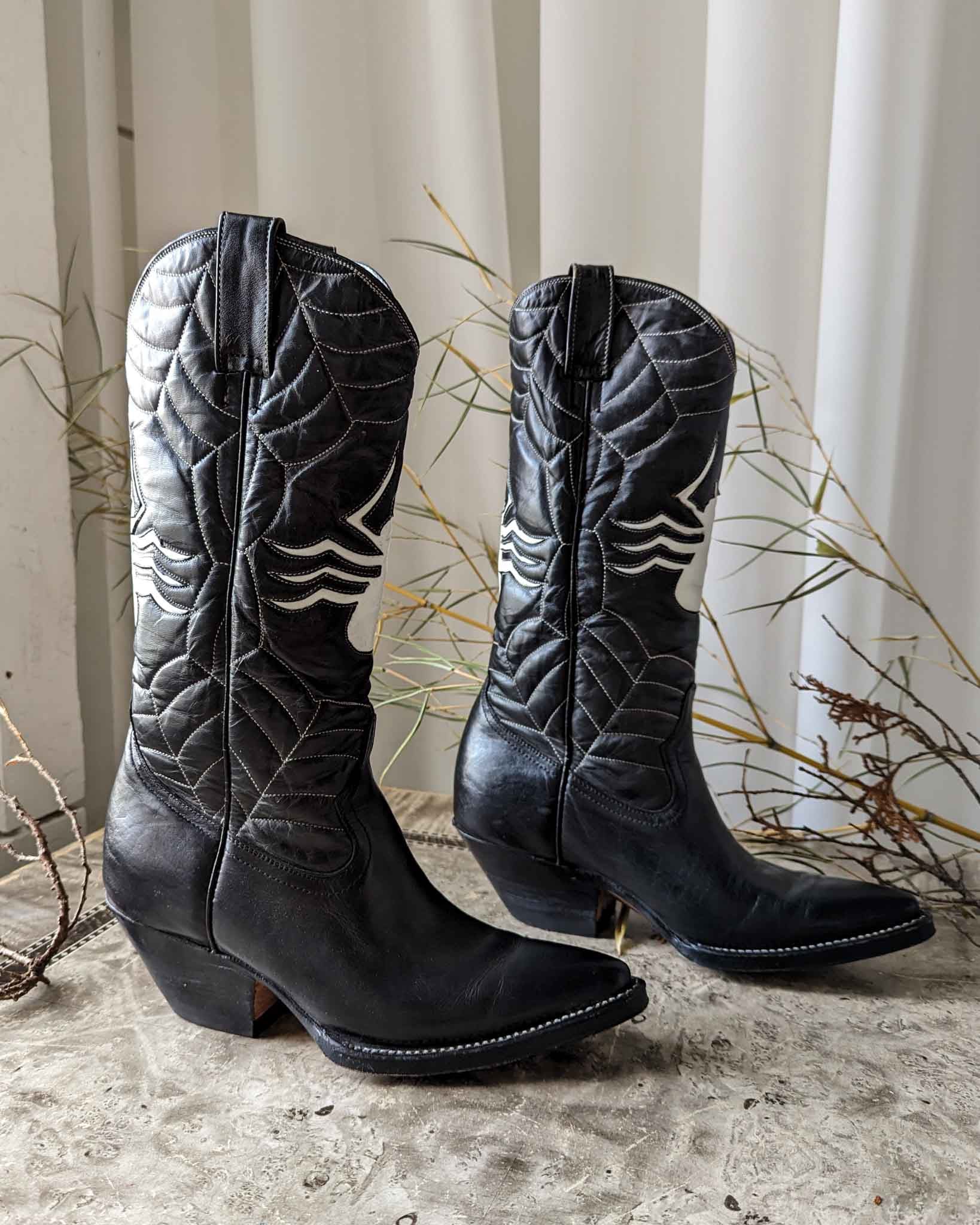 Vintage Leather Black Cowboy Boots Great Low Shaft / Ranch 