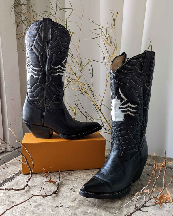 Vintage Leather Black Cowboy Boots Great Low Shaft / Ranch 