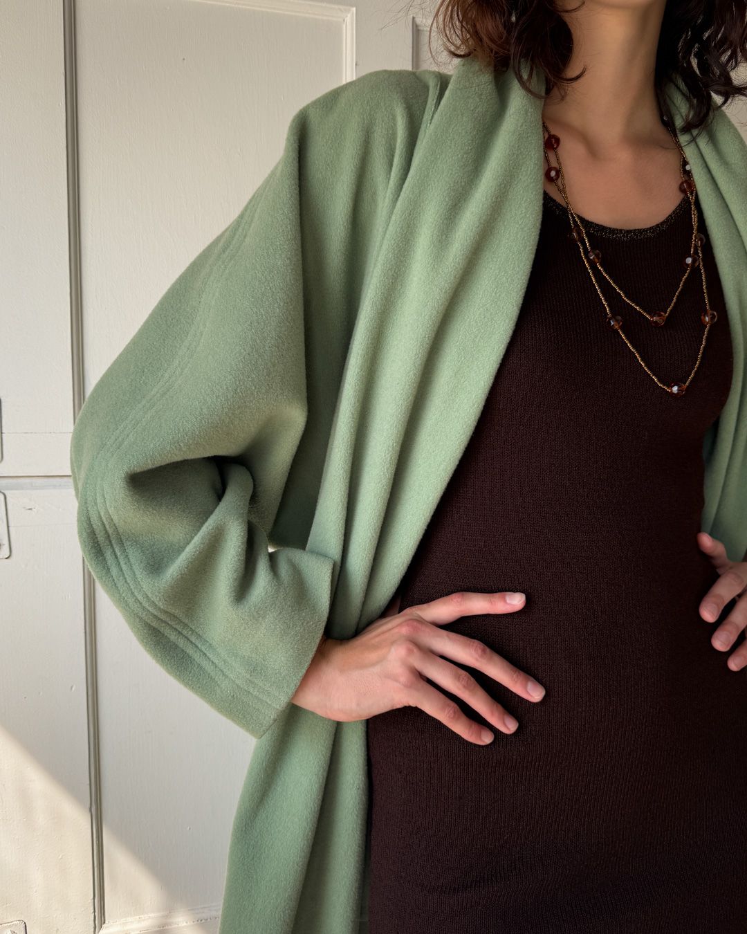 80s Sage Wool Scarf Coat | M-L