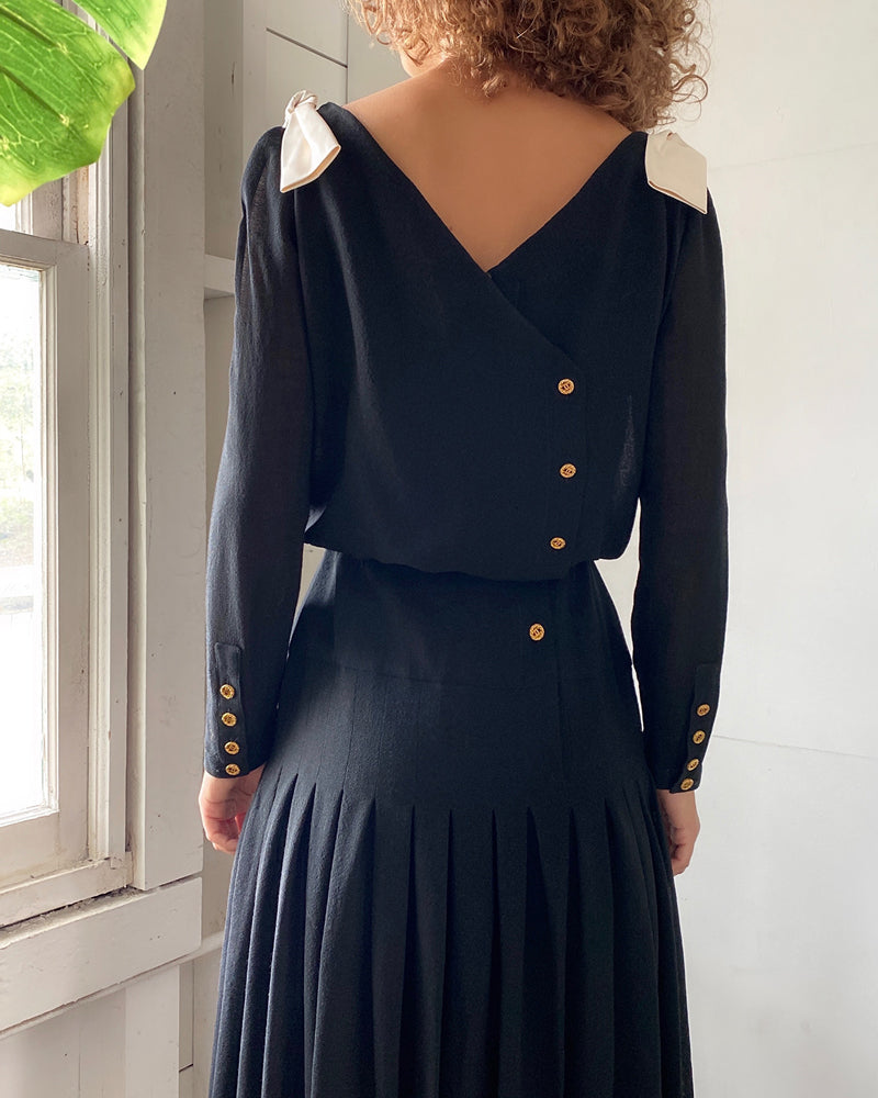 Chanel Vintage Black Satin Bow Pleated Dress  Amarcord Vintage Fashion