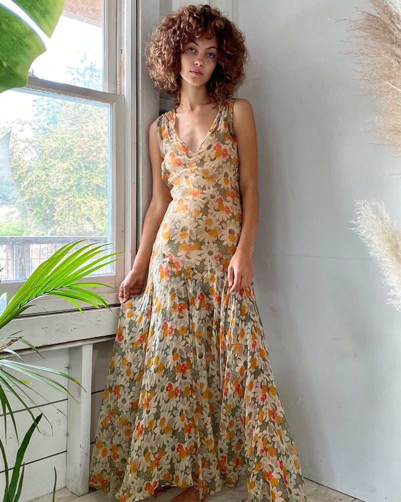 30s Floral Silk Gown | XS-S