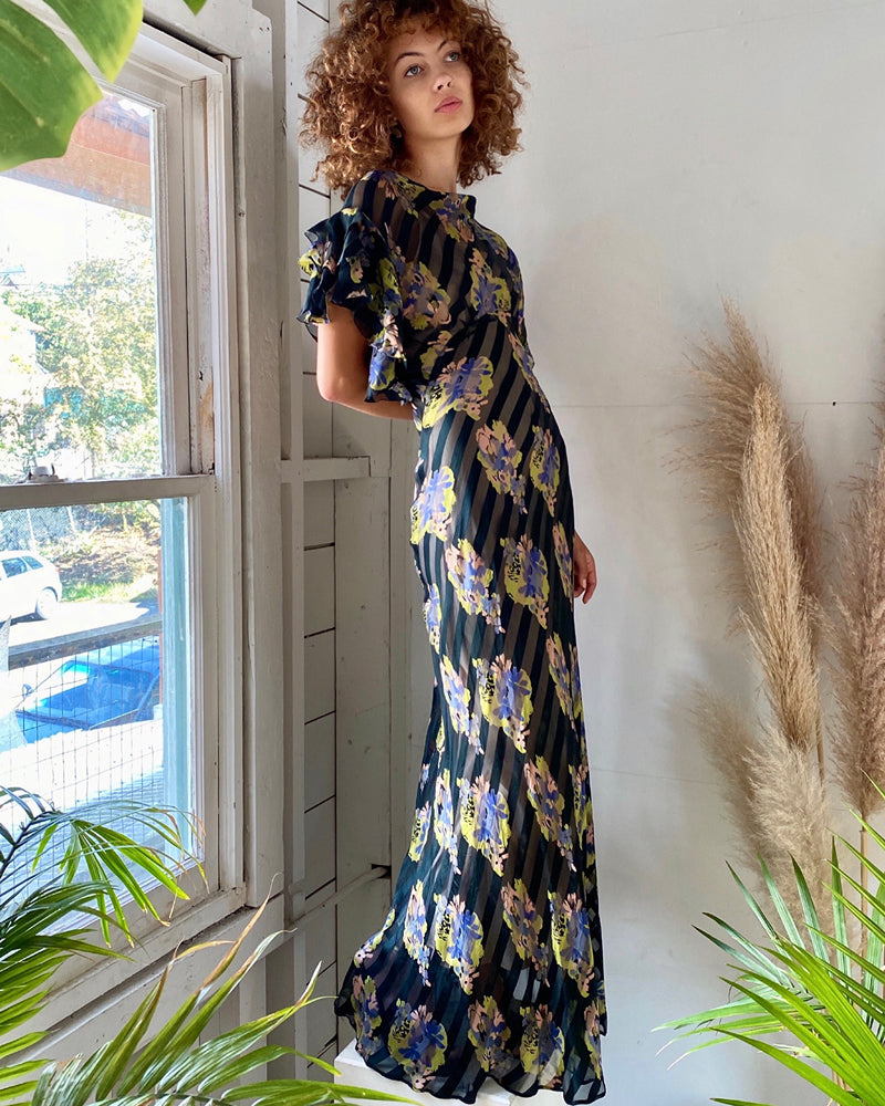 30s Floral Silk Gown XS-S Lucky Vintage