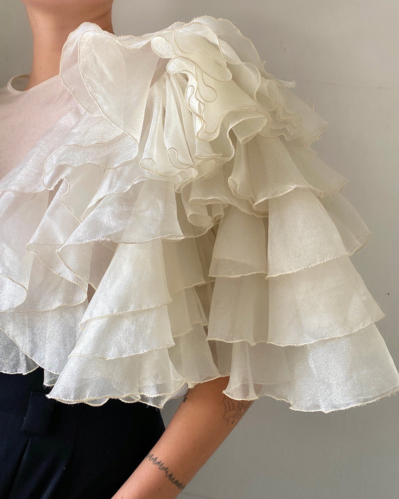 80s Sheer Ruffle Blouse | L