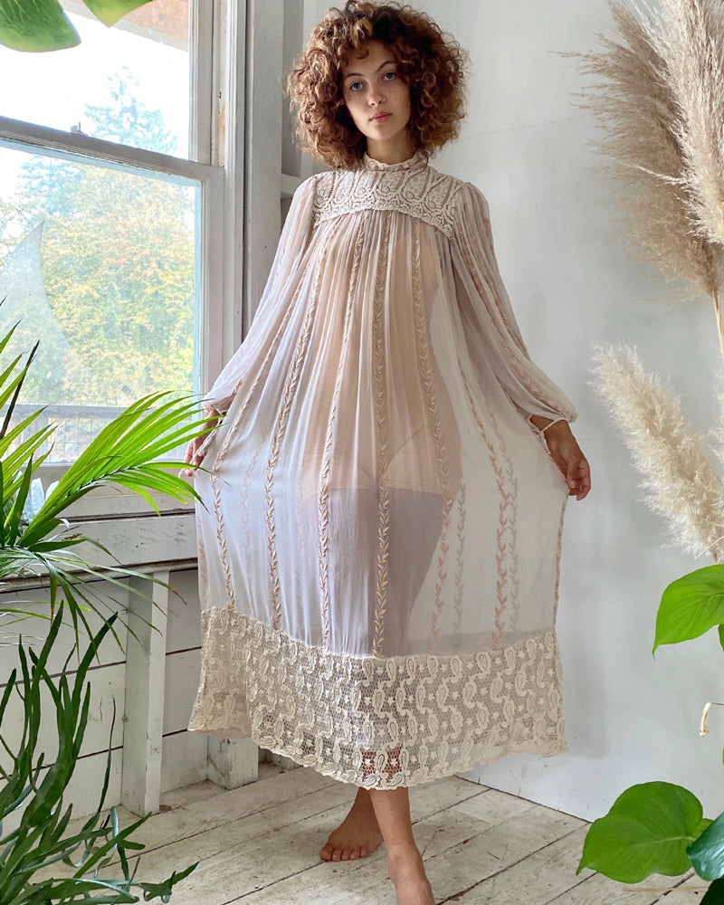 70s Embroidered Silk Tent Dress XS-M