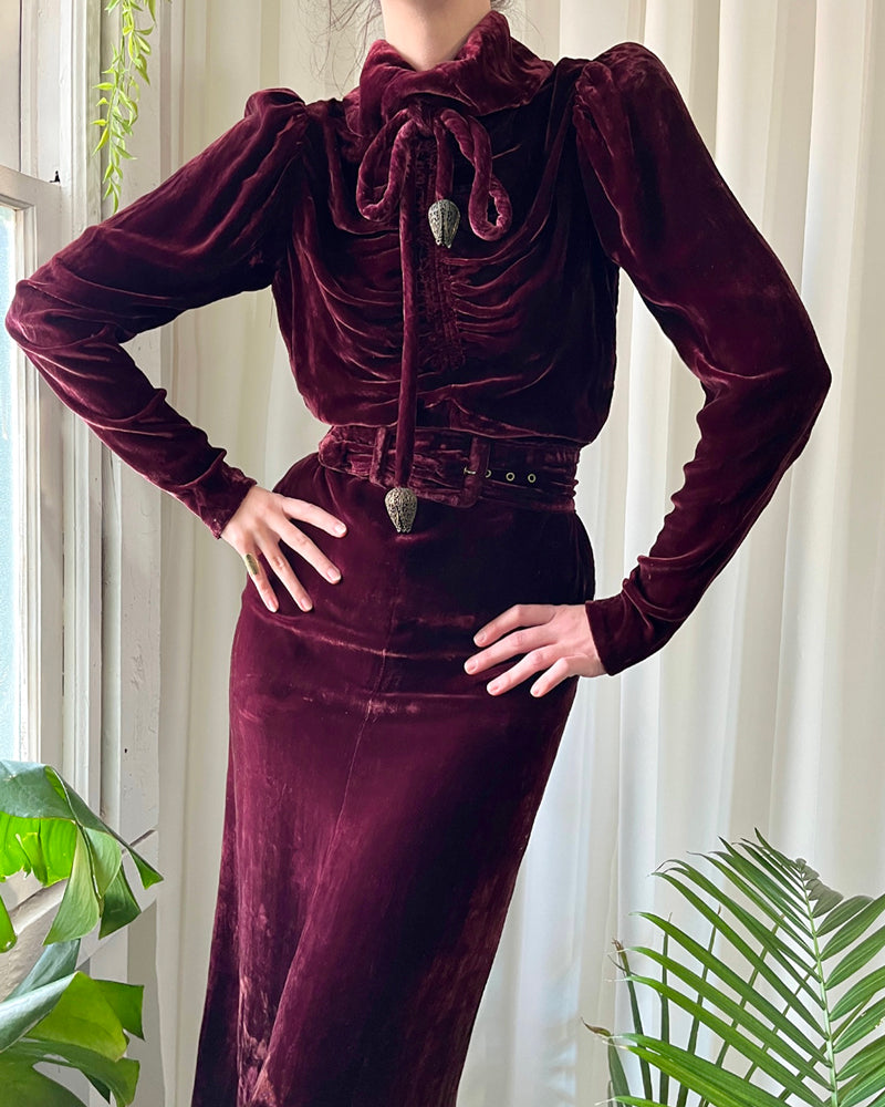 30s Brass Trimmed Velvet Dress S-M Lucky Vintage
