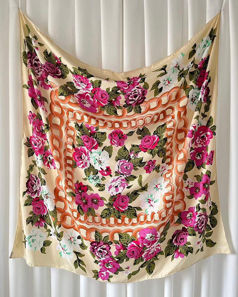 Oversized Chanel Floral Chain Print Silk Scarf