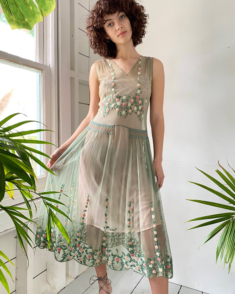 20s Embroidered Mesh Dress | XS