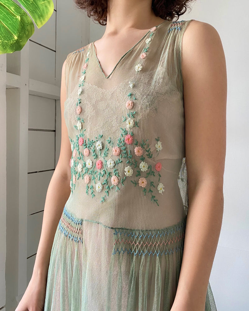 20s Embroidered Mesh Dress | XS - Lucky Vintage 20s Embroidered Mesh Dress | XS - Lucky Vintage