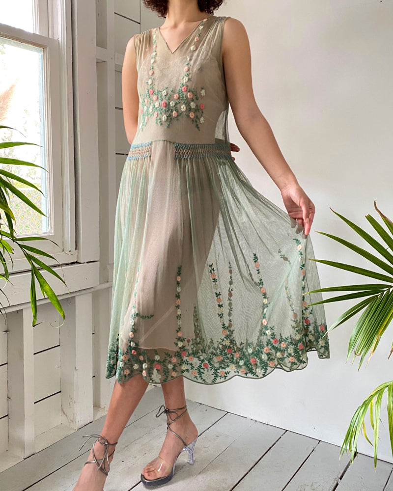 20s Embroidered Mesh Dress | XS - Lucky Vintage 20s Embroidered Mesh Dress | XS - Lucky Vintage