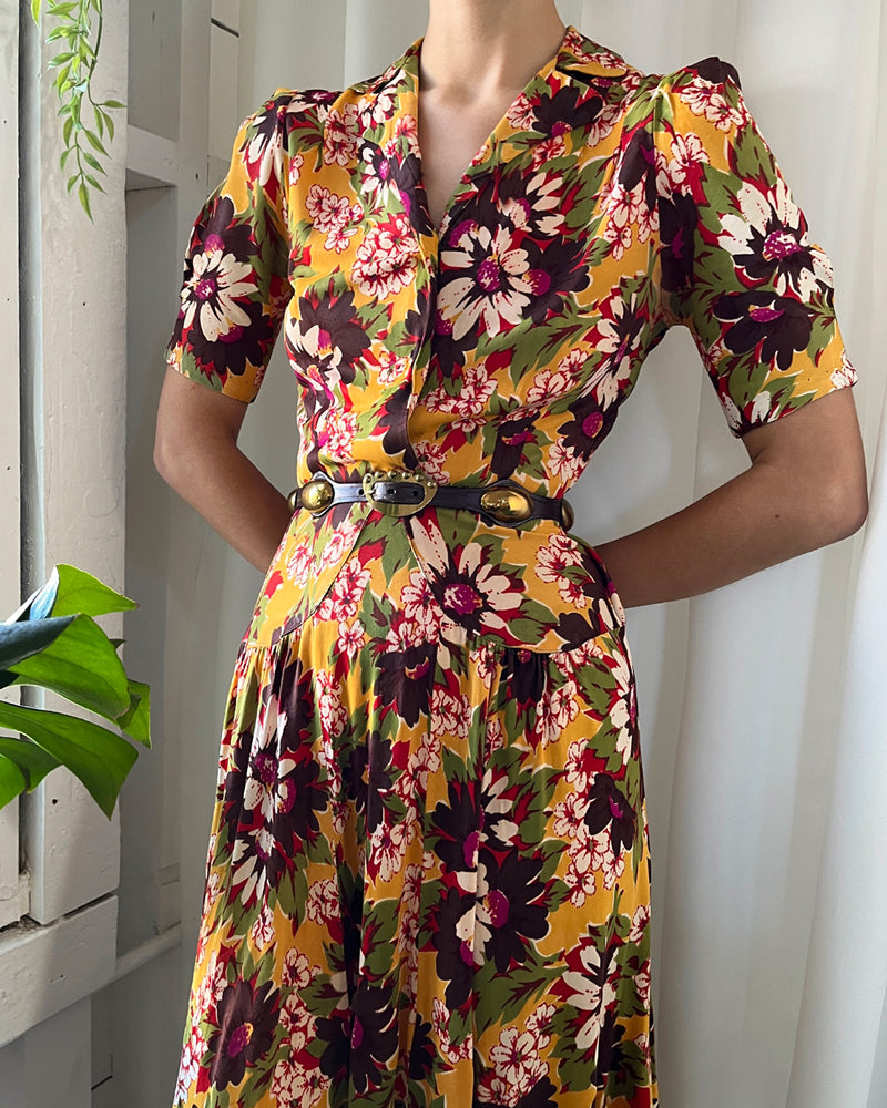 40s Rayon Jersey Floral Dress | S