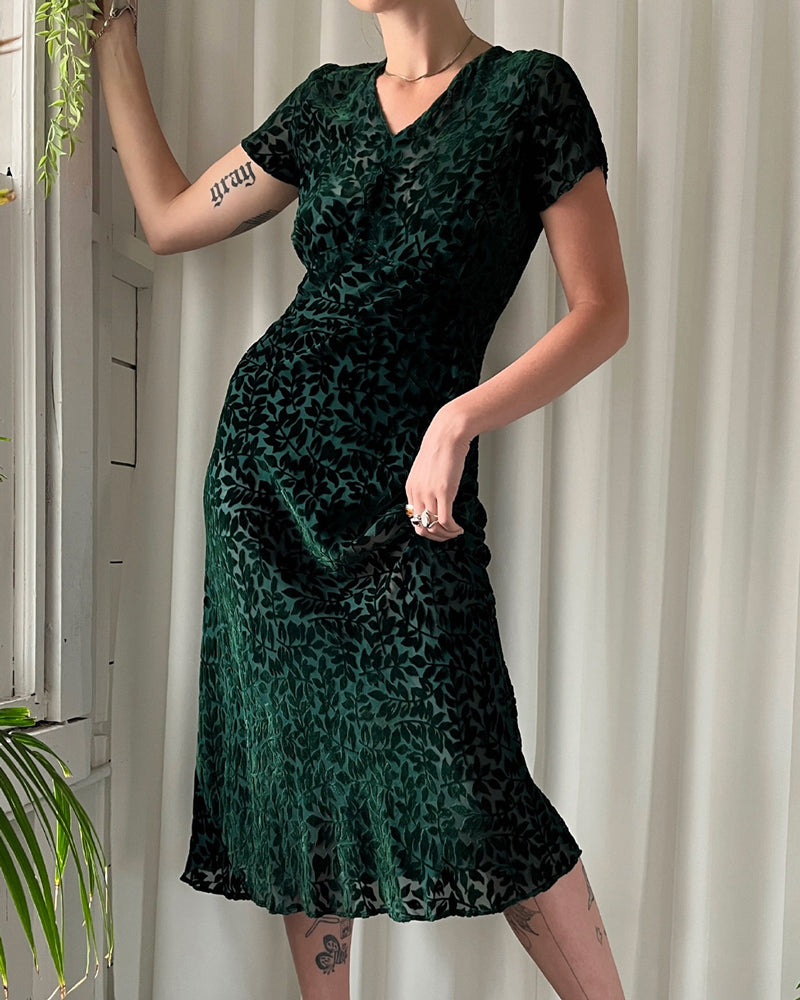 30s Forest Green Devore Velvet Dress - Lucky Vintage