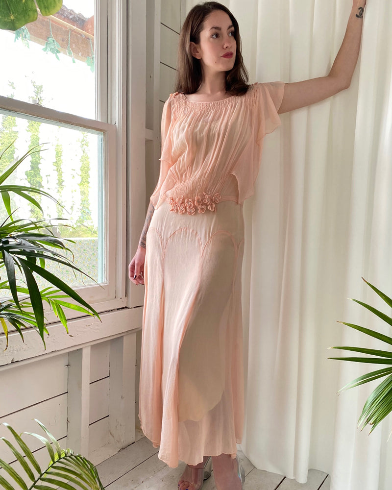 30s Semi Sheer Peach Silk Dress | M