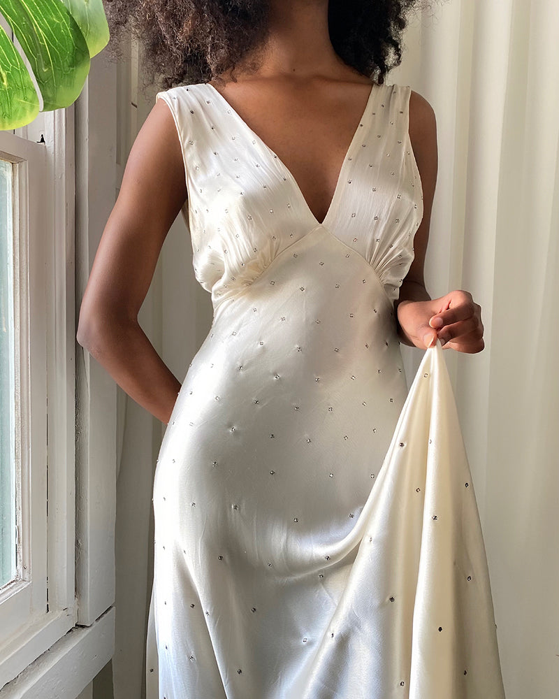 30s Rhinestone Studded Satin Gown | S-M