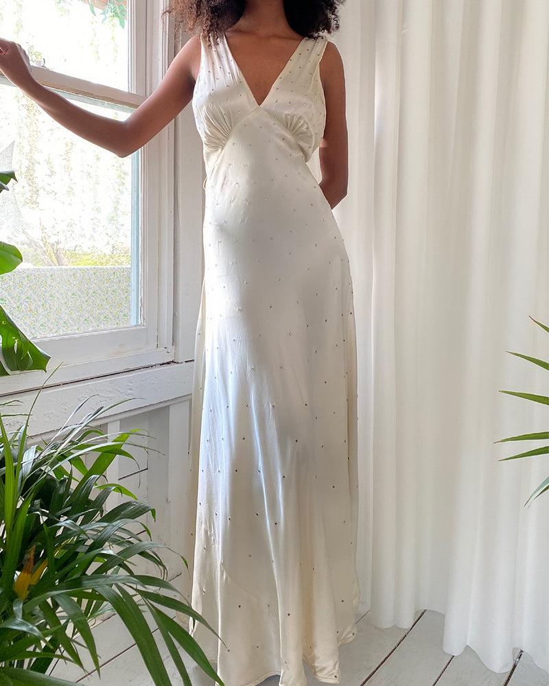 30s Rhinestone Studded Satin Gown | S-M