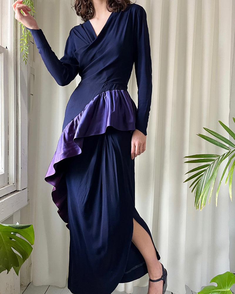 40s Navy Ruffle Gown | S - Lucky Vintage 40s Navy Ruffle Gown | S - Lucky Vintage