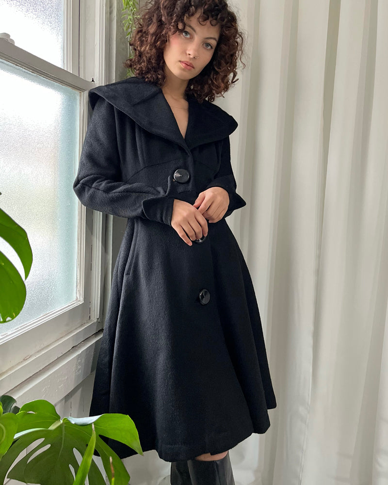 40s Black Wool Princess Coat XS Lucky Vintage