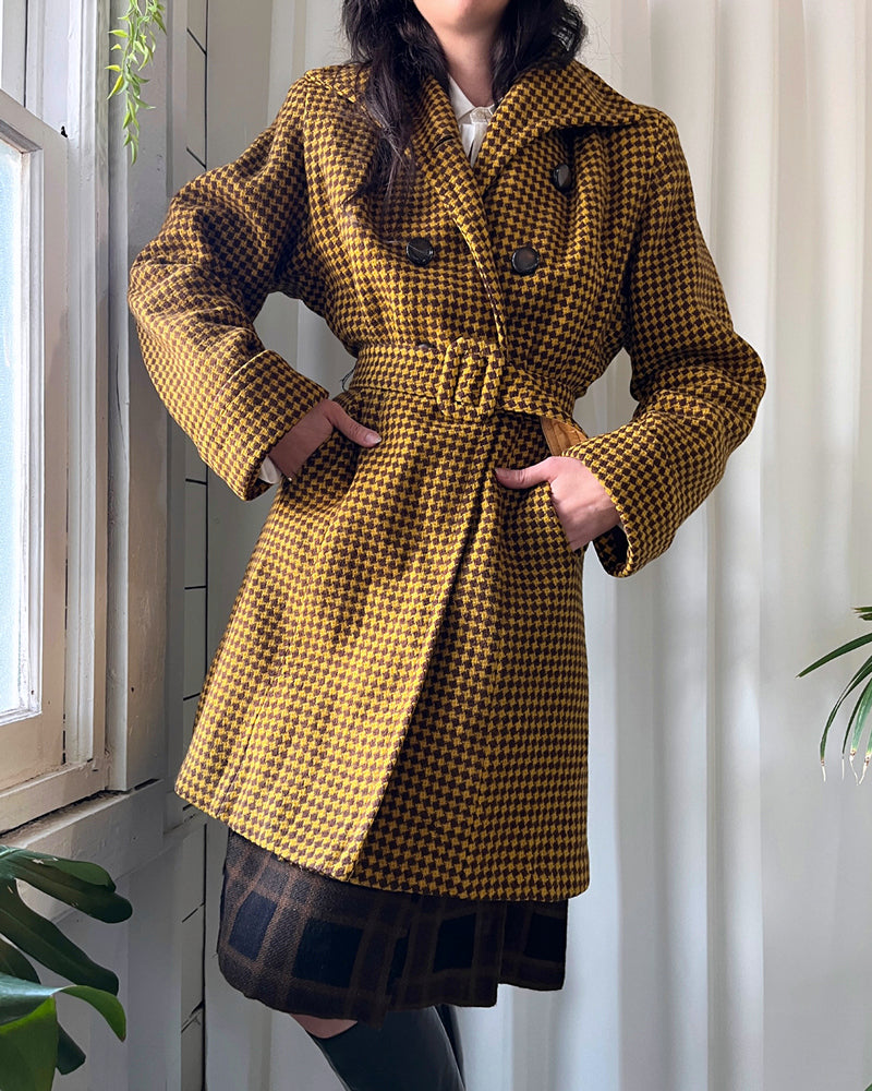 40s Belted Houndstooth Wool Coat
