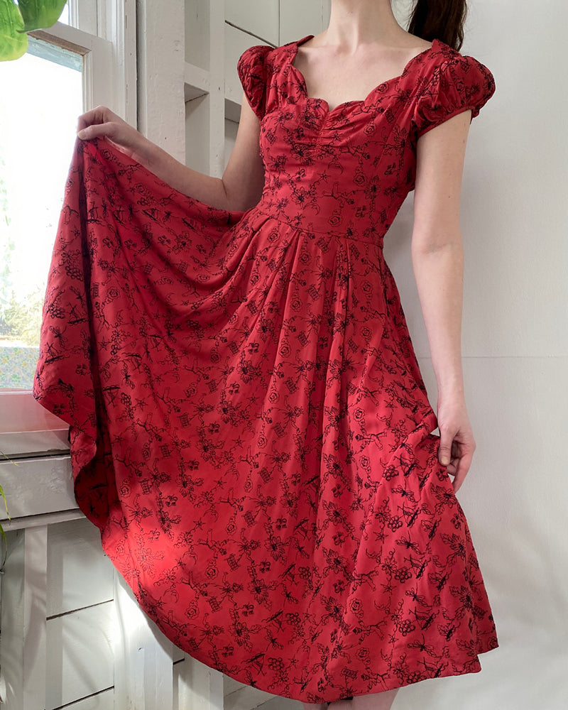 40s Novelty Embroidered Dress | S