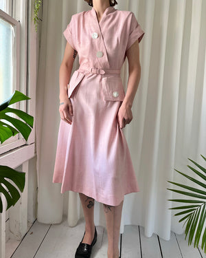 40s Belted Pink Linen Dress