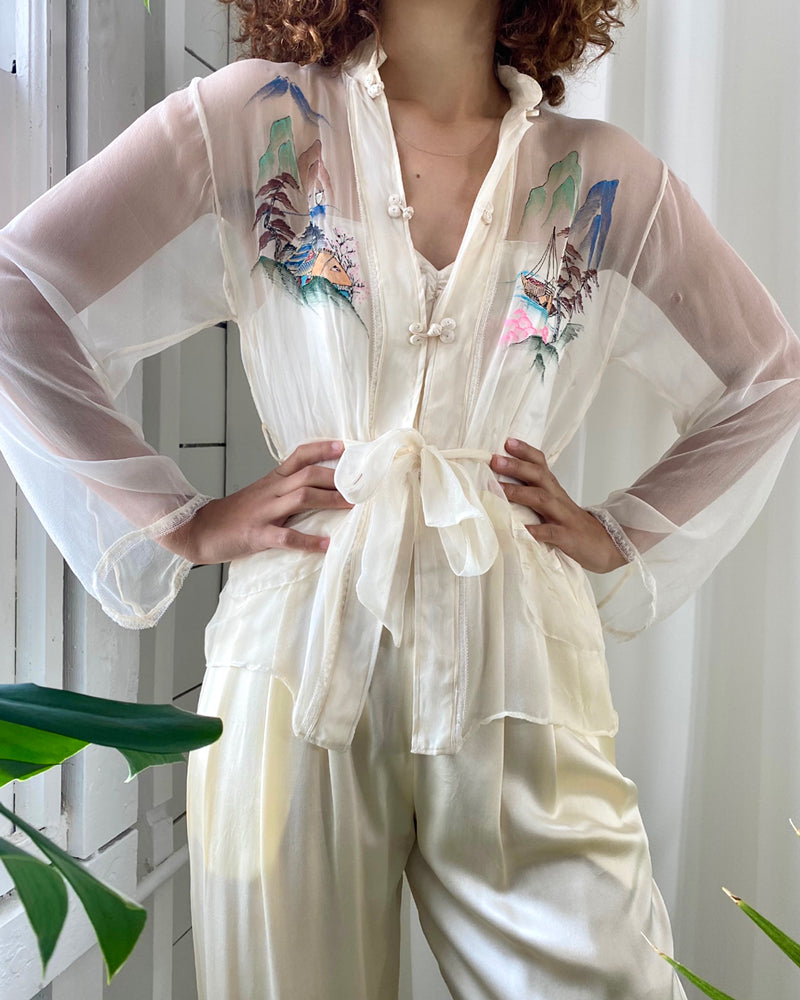 40s Hand Painted Silk Top | XS-S