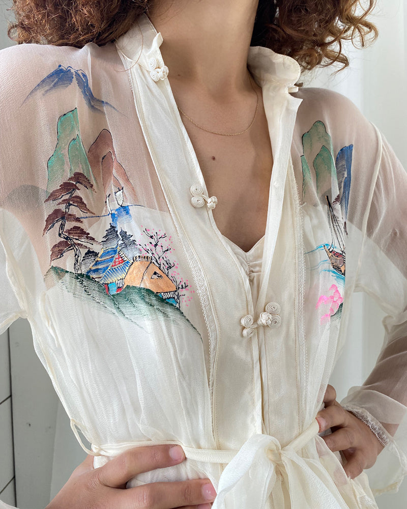 40s Hand Painted Silk Top | XS-S