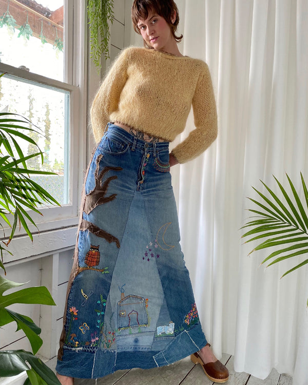 70s Levis Embroidered Selvedge Denim Skirt M-L Lucky Vintage