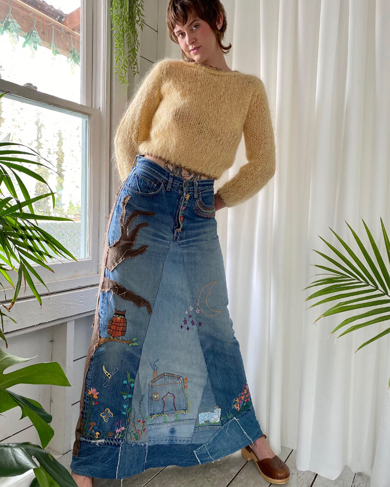 70s Levis Embroidered Selvedge Denim Skirt M-L Lucky Vintage