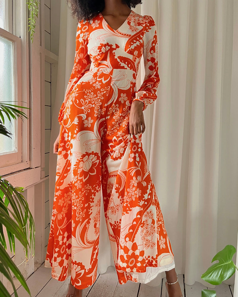70s Psychedelic Orange Jumpsuit | XS-S