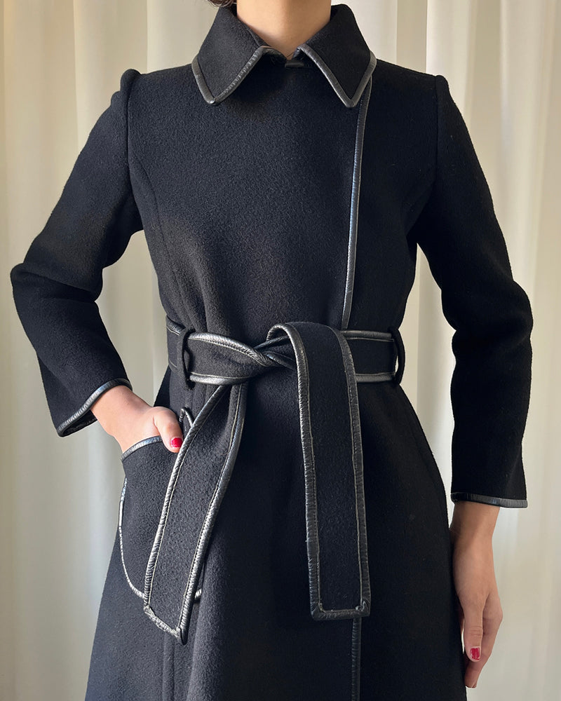 60s Belted Leather Trim Coat