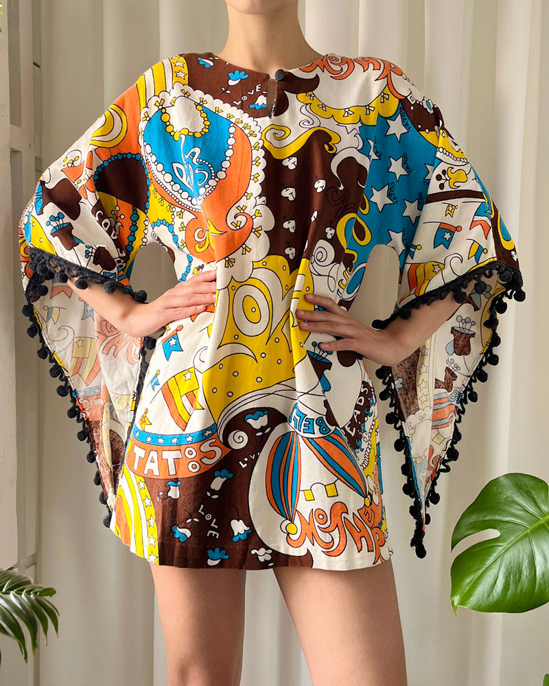 60s Novelty Hippie Print Dress | S-M