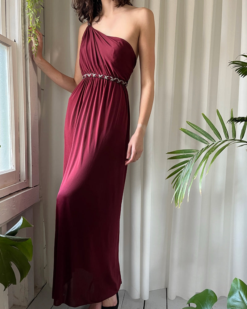 70s Beaded One Shoulder Gown | XS-S