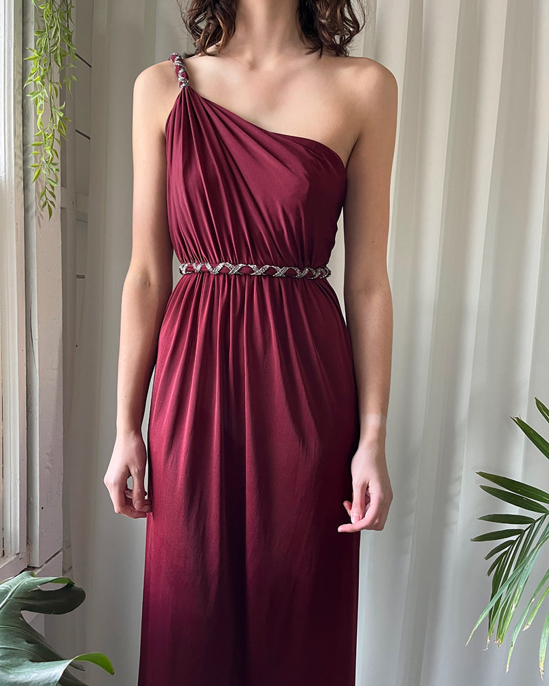 70s Beaded One Shoulder Gown | XS-S