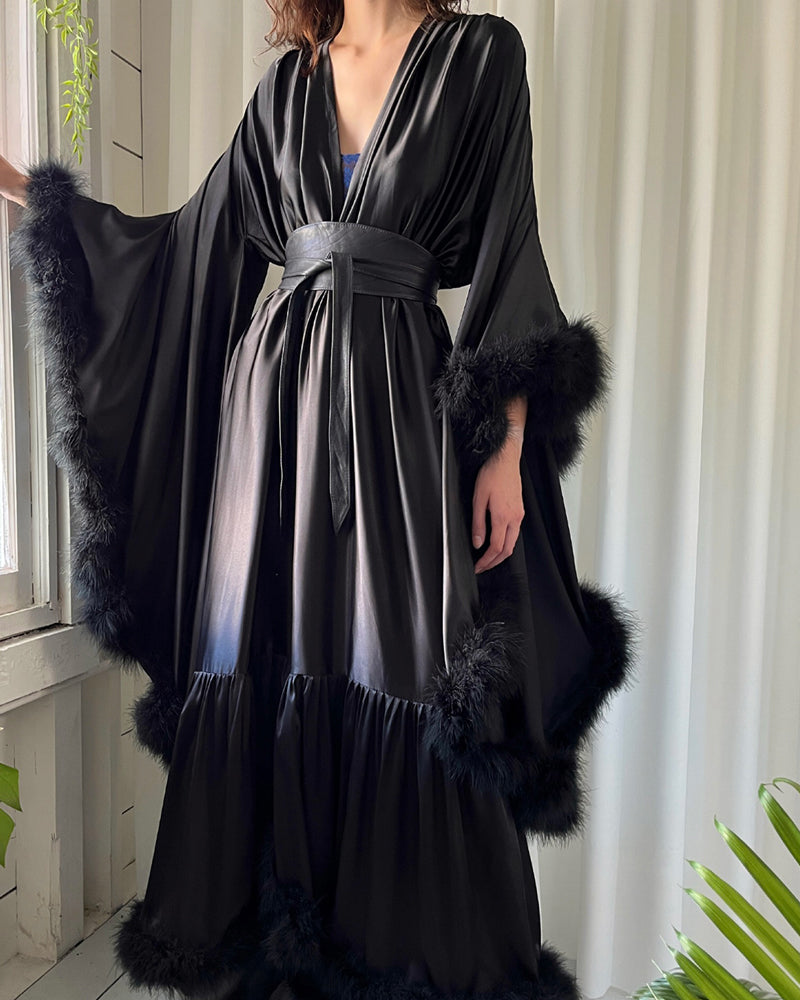 70s Feather Trim Dressing Gown | S-XL - Lucky Vintage 70s Feather Trim Dressing Gown | S-XL - Lucky Vintage