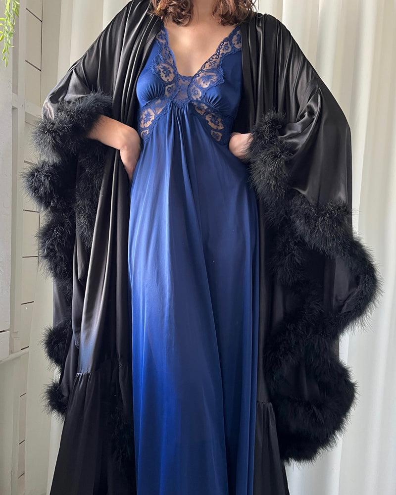 Sexy Vintage long black sheer ruffled peignoir robe SM / M wonderful + Mint!