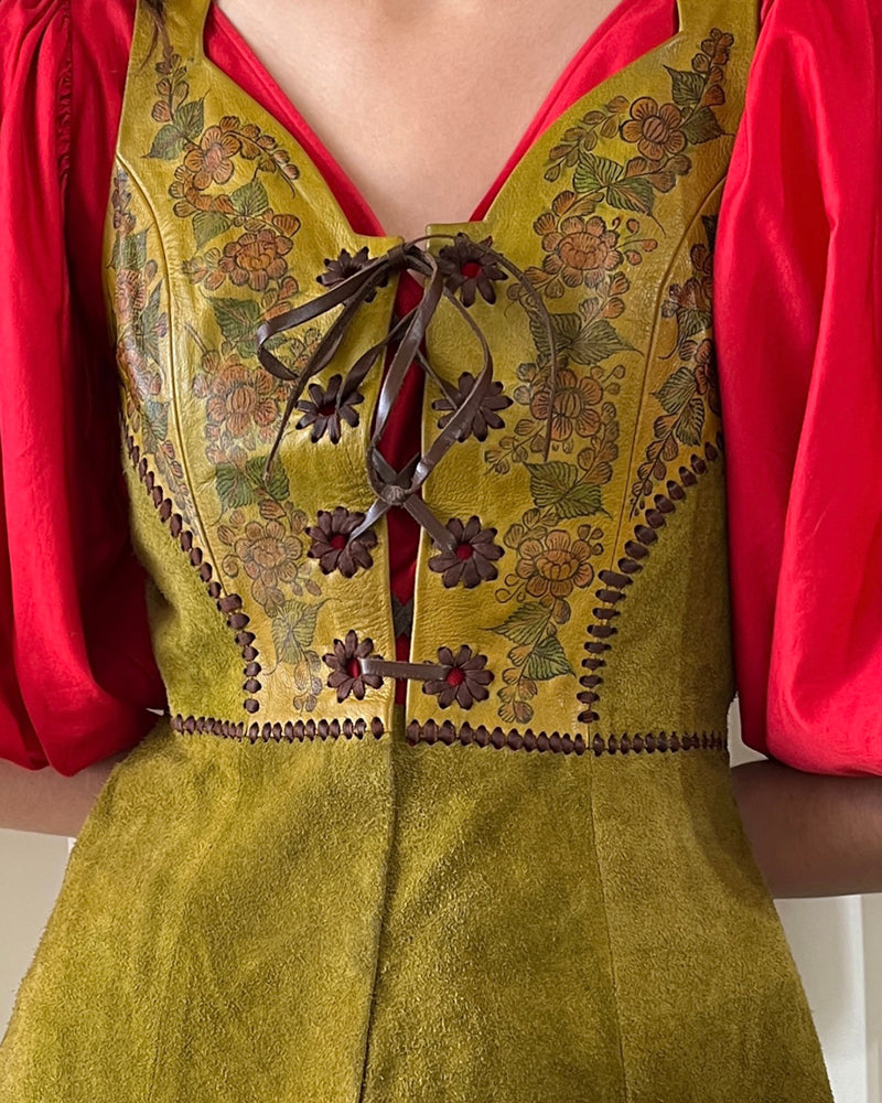 70s Char Hand Painted Leather Corset Dress | XS-S