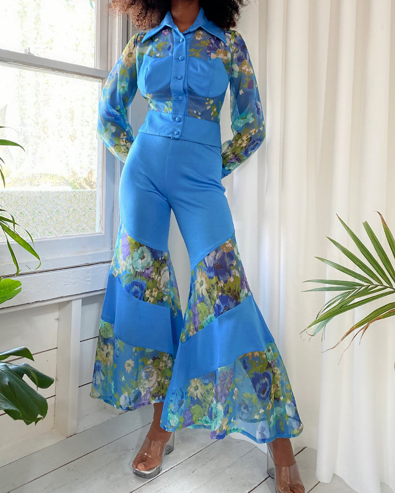 70s Sheer Floral Bellbottom Pant Suit | XS