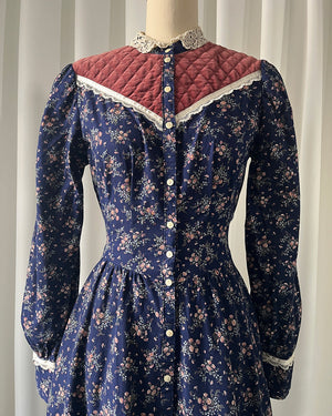 70s Gunne Sax Navy Floral & Velvet Dress