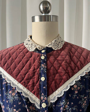 70s Gunne Sax Navy Floral & Velvet Dress