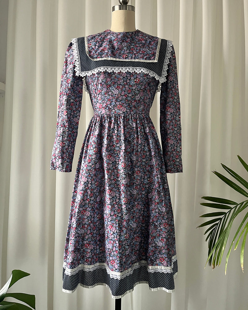 80s Gunne Sax Blue Floral Dress | XS - Lucky Vintage