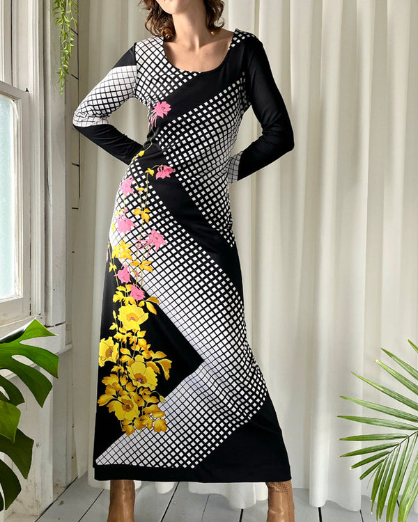 70s Lanvin Graphic Maxi Dress | M - Lucky Vintage 70s Lanvin Graphic Maxi Dress | M - Lucky Vintage