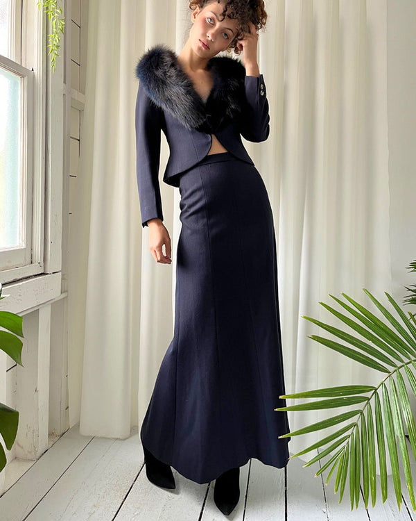 70s Navy Fox Trim Jacket & Skirt Set | S - Lucky Vintage