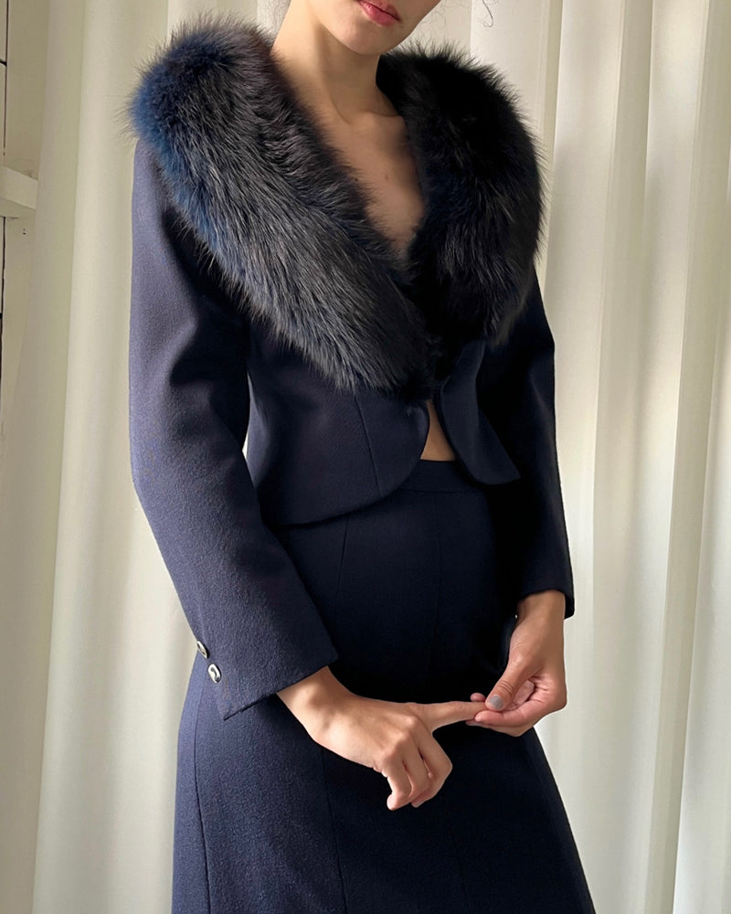 70s Navy Fox Trim Jacket & Skirt Set | S