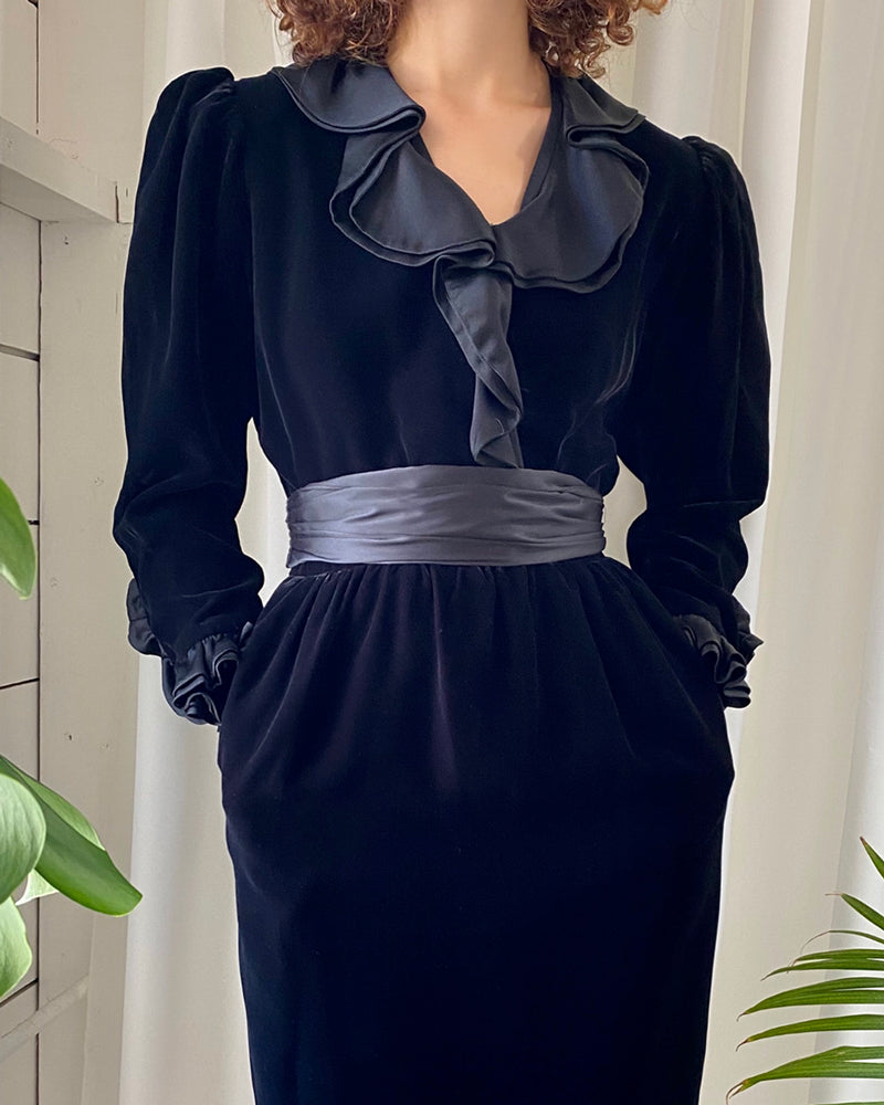 70s YSL Black Silk Velvet Dress - Lucky Vintage