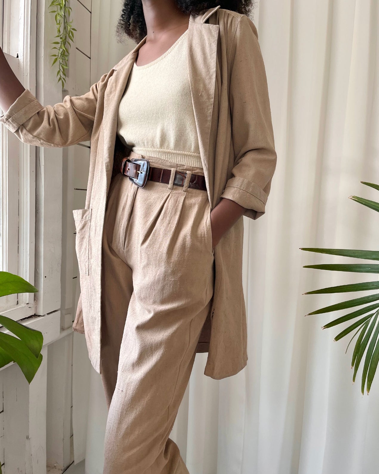 80s/90s taupe silk high waisted pant suit with strong shoulder jacket, –  Page of Air